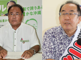 ㊧インタビューに答える金城氏＝20日、豊見城市の事務所㊨インタビューに答える西銘氏＝22日、南風原町の事務所